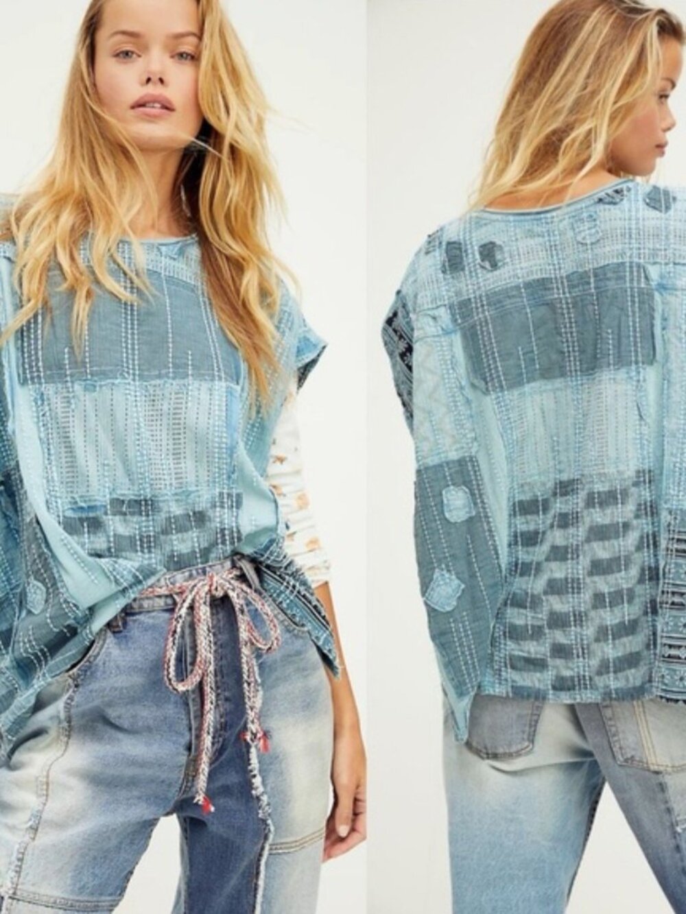 Free People Patch Me Up Tee Women's Large Blue EUC - Picture 2 of 5
